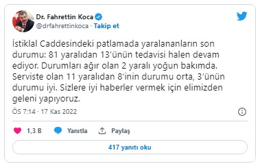 İstanbul Valisi Ali Yerlikaya, yaralıların son durumunu paylaştı!